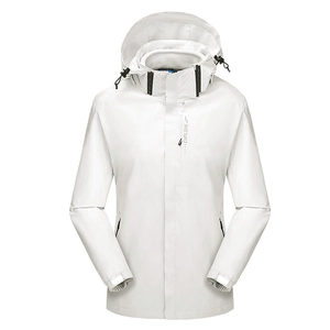 White hooded 3-in-1 outdoor jacket with Explore print and adjustable windproof cuffs