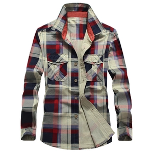 Men's Casual Cotton Plaid Long Sleeve Shirt Loose Fit Button Down Work Shirt With Double Chest Pockets Fashion Embroidery Top