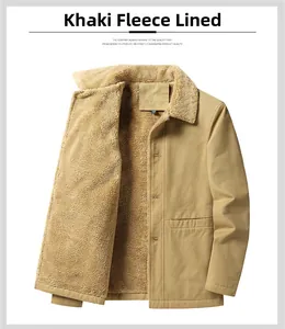 Detailed close-up of khaki cotton work jacket featuring warm beige faux lamb wool lining