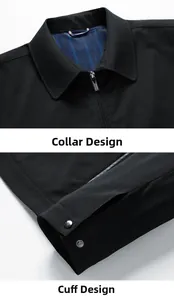 Detail view of business jacket collar with metal zipper and buckled cuffs in black