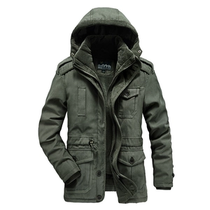 Men's winter military green long cotton coat with detachable fleece lining and hood