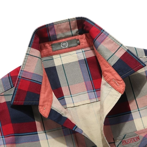 Business casual men's plaid long sleeve shirt with red and blue checkered pattern