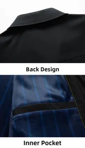 Detail of jacket showing back collar design and inner striped lining with pocket