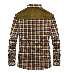 Men's winter plaid long sleeve shirt with fleece lining and olive green shoulder patches
