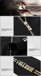 Detail of high-density black jacket showing gold freedom lettering and smooth metal zipper