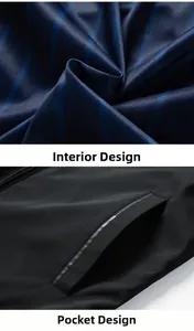Detail of men's business jacket showing inner striped lining and zip pocket with trim