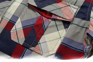 Détail d'une chemise en flanelle à carreaux montrant la poche poitrine boutonnée