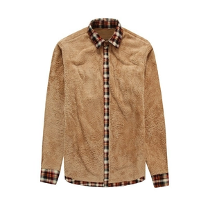 Men's winter fleece shirt with camel plush lining and red-black checkered collar trim