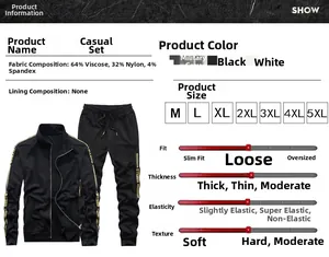 Infographic showing soft fabric blend details and size guide for black sports tracksuit