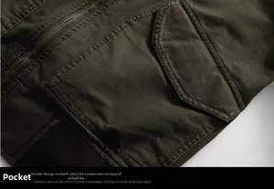 Detail of military green jacket featuring cargo pocket with durable double stitching