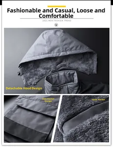 Detail of fleece lining and detachable hood on men outdoor jacket with large pockets