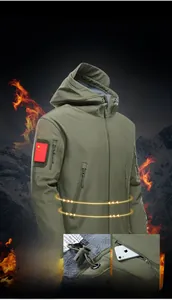 Detailed view of army green tactical jacket with flag patch and windproof zippers