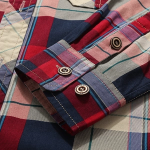 Men's plaid long-sleeved shirt featuring classic red and blue checkered pattern and buttons