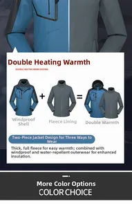 Detail of 3-in-1 outdoor jacket with waterproof blue shell and fleece liner