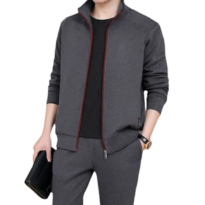 Men's dark gray minimalist tracksuit with stand collar jacket and matching jogging pants