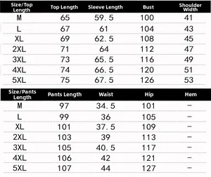 Size chart showing jacket and pants dimensions from M to 5XL for men's outdoor sportswear