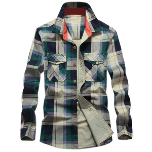 Men's plaid long sleeve shirt with double chest pockets in green and navy checkered pattern
