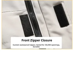 Détail macro d'une parka beige avec fermeture éclair imperméable et attaches velcro
