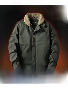 Detail view of military green flight jacket with lamb wool collar and A.R.M.Y. embroidery