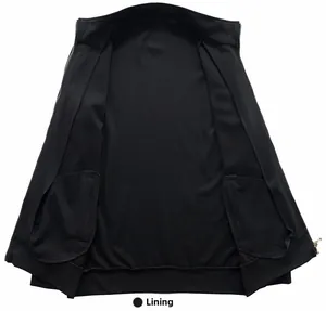 Detail view of the black sports jacket lining showing large internal storage pockets