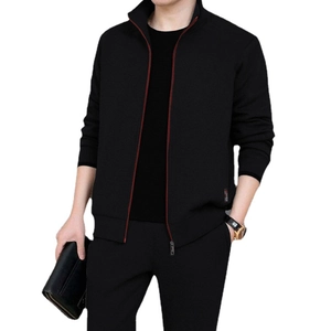 Men's casual black zip-up sports suit with standing collar and red trim details