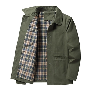 Classic olive green men's cotton work jacket with plaid lining and lapel collar