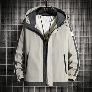 Men's outdoor hooded jacket in off-white and dark gray patchwork with a zipped front
