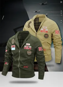 Detail of army green and khaki pilot bomber jackets with embroidery and plaid lining