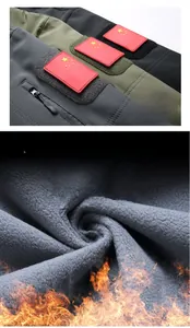 Detail of warm fleece lining and tactical arm patch on outdoor softshell jacket