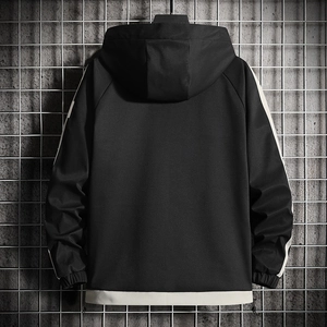 Men's loose hooded casual sports jacket with white contrast stitching on black fabric
