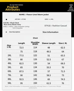 Detailed size chart for men's fleece warm outdoor jacket showing L to 9XL dimensions