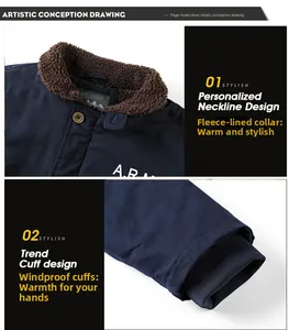 Detail of navy blue winter jacket featuring warm brown sherpa lining and windproof cuffs