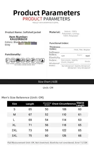 Detailed size chart for men's outdoor tactical softshell jacket from sizes S to 3XL