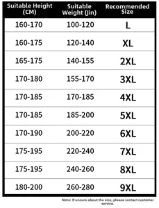 Detailed size guide for men's outdoor jacket ranging from L to 9XL with weight and height specs