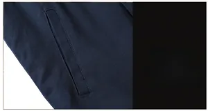 Detail of stylish dark blue jacket featuring practical side pockets and thick plush lining