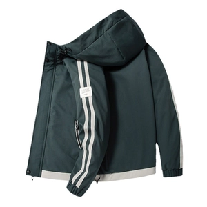 Men's loose hooded jacket in dark green windproof fabric with white sleeve stripes