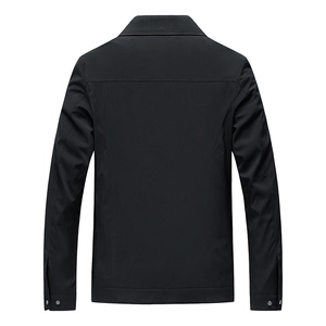 Men's minimalist black stand collar business casual jacket shown from the back view