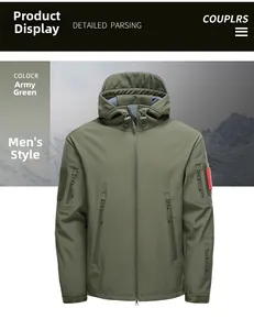 Detail of army green tactical softshell jacket with hood and functional zipper pockets