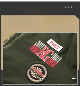 Detailed embroidery patches and premium metal zipper on military green cotton jacket