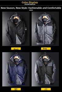 Color display of four tactical outdoor hooded jackets with windproof fabric and quilted lining