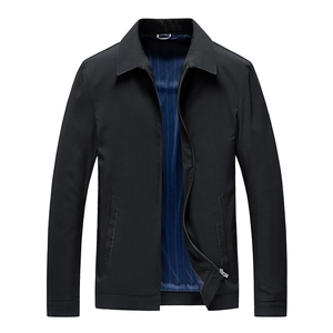 Classic black business casual jacket for men with zipper closure and striped inner lining