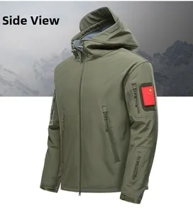 Side view of olive green tactical softshell jacket with arm pockets and flag patch