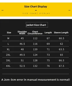 Size chart for men's casual jacket showing chest, shoulder, length and sleeve dimensions