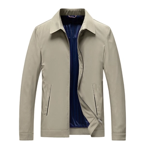 Men's khaki stand collar business jacket with smooth windproof fabric and blue striped lining