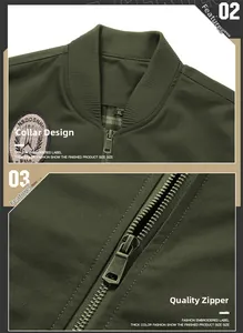 Detail of ribbed stand collar and metal zipper on army green military bomber jacket