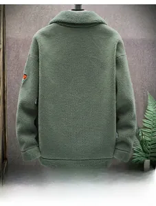 Rear view of heavy olive green sherpa fleece jacket with standing collar and sleeve badge