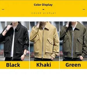 Detailed views of men's cargo jackets in black, khaki, and green durable canvas
