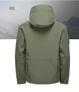 Olive green tactical softshell jacket back view showing rear zip pockets and hood