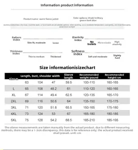 Detailed size chart for men's winter warm fleece jacket with measurements from M to 5XL
