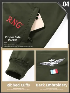 Detailed view of tactical jacket featuring zip pocket, ribbed cuffs, and embroidered badges